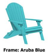 An adirondack chair on a white background. It reads "Frame: Aruba Blue."