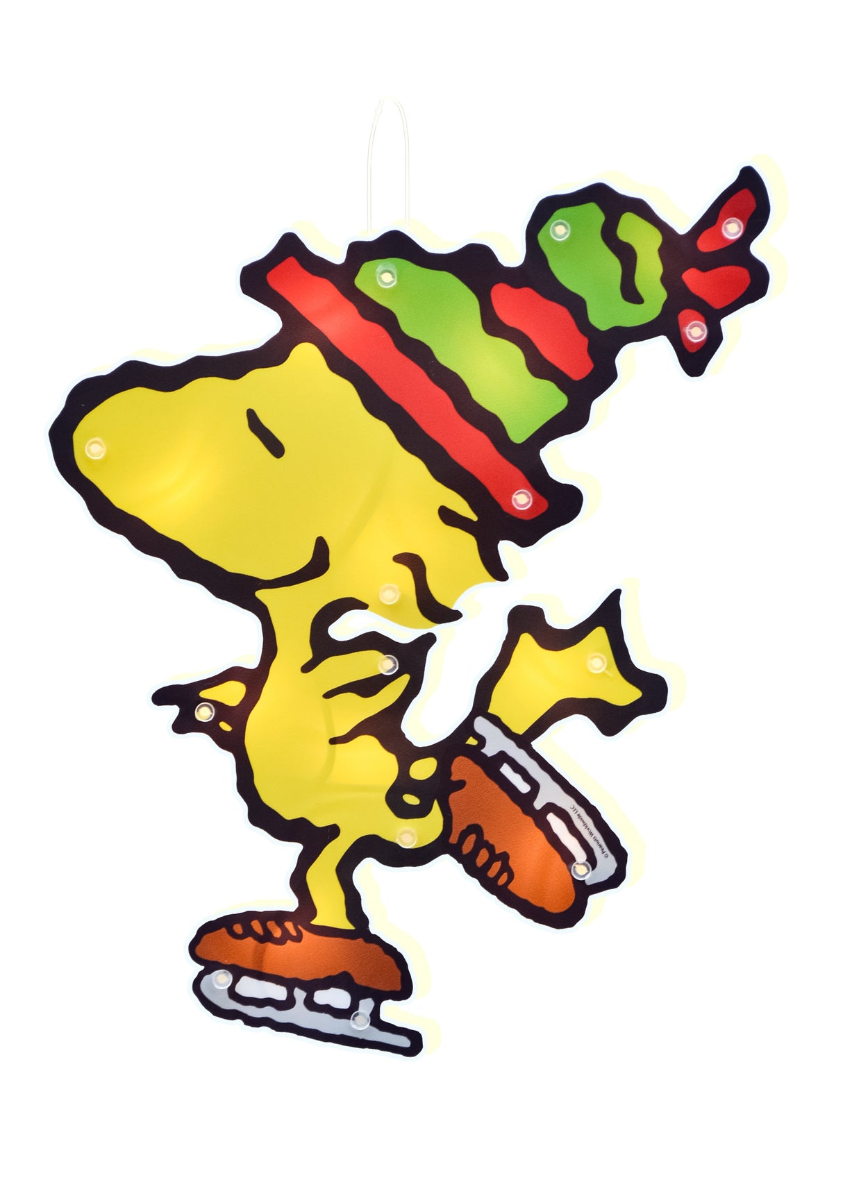 This image shows the Woodstock decoration on a white background. Woodstock is wearing a red and green winter hat and orange ice skates.