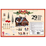 This is the back of the box showing all 29 items that are included. There's a village sign, two trees, eight poles for the two red fences, four lamp posts, a building, three lights, six figurines and two adaptors.