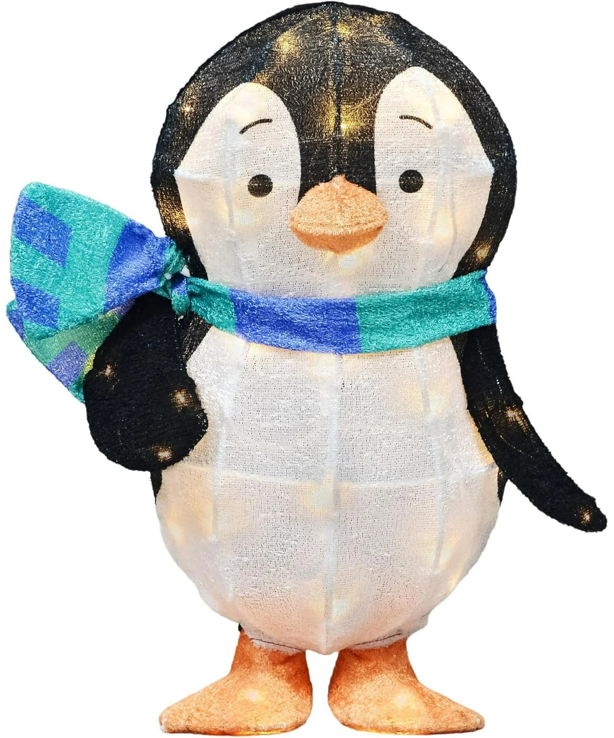 This image shows Wade the penguin sculpture on a white background. The penguin is black and white with a cute quizzical expression on his face. His feet are orange. He's wearing a green and periwinkle striped scarf. The LED lights inside are turned on.