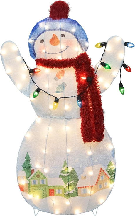 This image shows the snowman sculpture decoration on a white background. The lights inside the snowman are turned on.