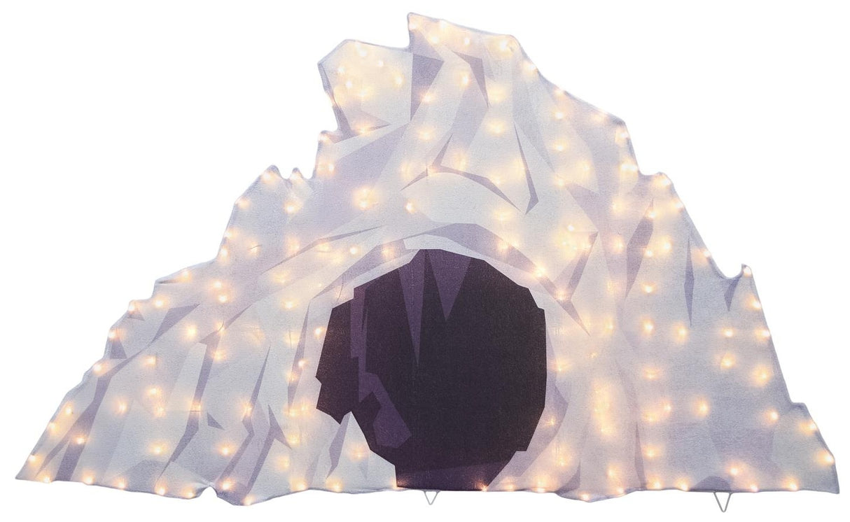 This image shows the LED cave decoration on a white background. The outside of the "cave" is white and designed to look like it's made of ice. There's a hole in the center leading into "the cave." Inside "the cave," it's dark. The outside of the cave is covered in LED lights.