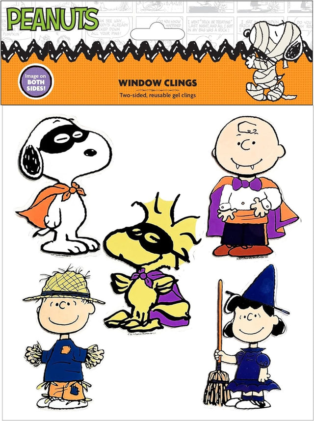 This image shows the packaging that these five window clings come in. They're Halloween themed. The packaging reads "PEANUTS," "Image on BOTH SIDES," "WINDOW CLINGS" and "TWO-SIDED REUSABLE GEL CLINGS."