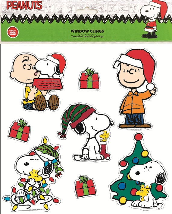 This is one of the options available for these Peanuts clings. Charlie Brown is sitting down holding a red dog bowl and Snoopy's head is peeking out, licking Charlie Brown's face. Linus is wearing a red and white Santa hat. There are three Snoopy stickers. One of them, he's wearing a red and green winter hat while Woodstock is next to him inside a red stocking. Another one, him and Woodstock are tangled up in Christmas lights. And the last one, him and Woodstock are looking at a decorated Christmas tree.