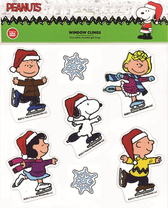 This is the third option available for these Peanuts window clings. Linus, Sally, Snoopy, Lucy and Charlie Brown are wearing Santa hats and ice skates. There are two snowflakes.