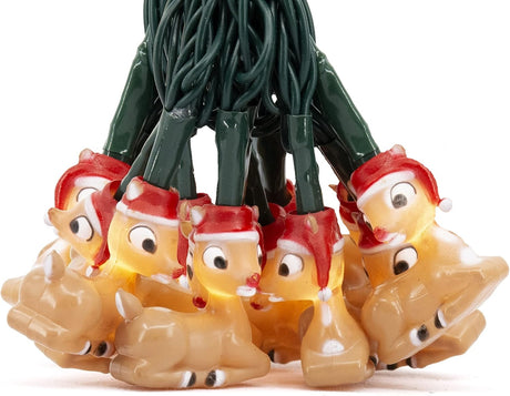 This image shows a string of 10 LED lights with Rudolph light covers on them.