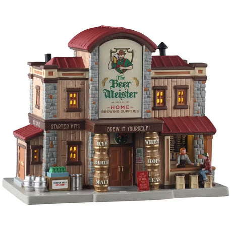 This is a Lemax lighted building. There are signs that read "THE BEER MEISTER HOME BREWING SUPPLIES" and "STARTER KITS" and "BREW IT YOURSELF!" The columns by the front door is made of barrels of rye, barley, malt, wheat, hops and yeast. There's a bar on the side where a man sits on a stool and orders from the bartender.