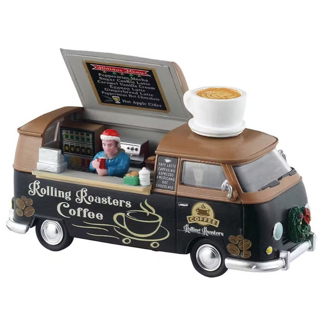 This is a Lemax table accent designed to look like a food truck that sells coffee and breakfast.