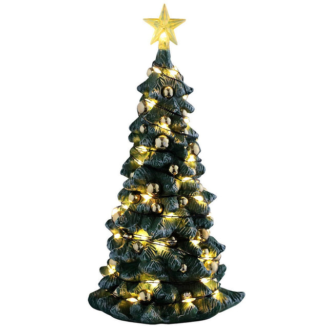 This is a Lemax tree. There's a glowing star on the top and lights throughout. There are shiny gold ornaments. The tree is lightly dusted with white to appear snowy.