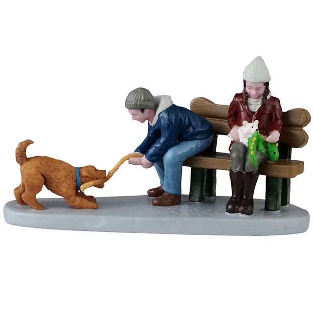 This is Lemax figurine designed to look like a boy and a girl sitting on a bench. The boy is wearing a blue jacket, jeans and a gray hat and is playing tug-of-war with a Golden Retriever. The girl is wearing a maroon jacket, gray pants and a white hat and has a small white dog in her lap. The small dog is playing with a green toy.