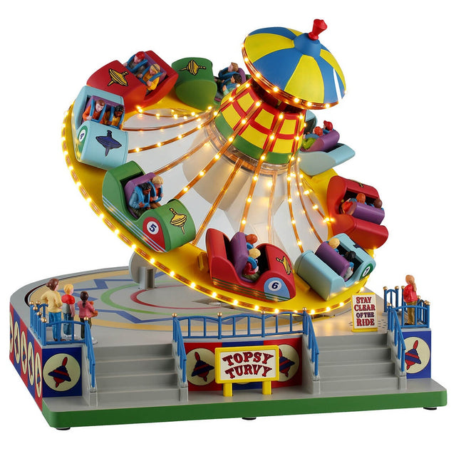 This is a Lemax piece that's designed to look like a multi-colored carnival ride. There's a big wheel on it's side with multi-colored cars on it. The wheel spins and goes up and down.