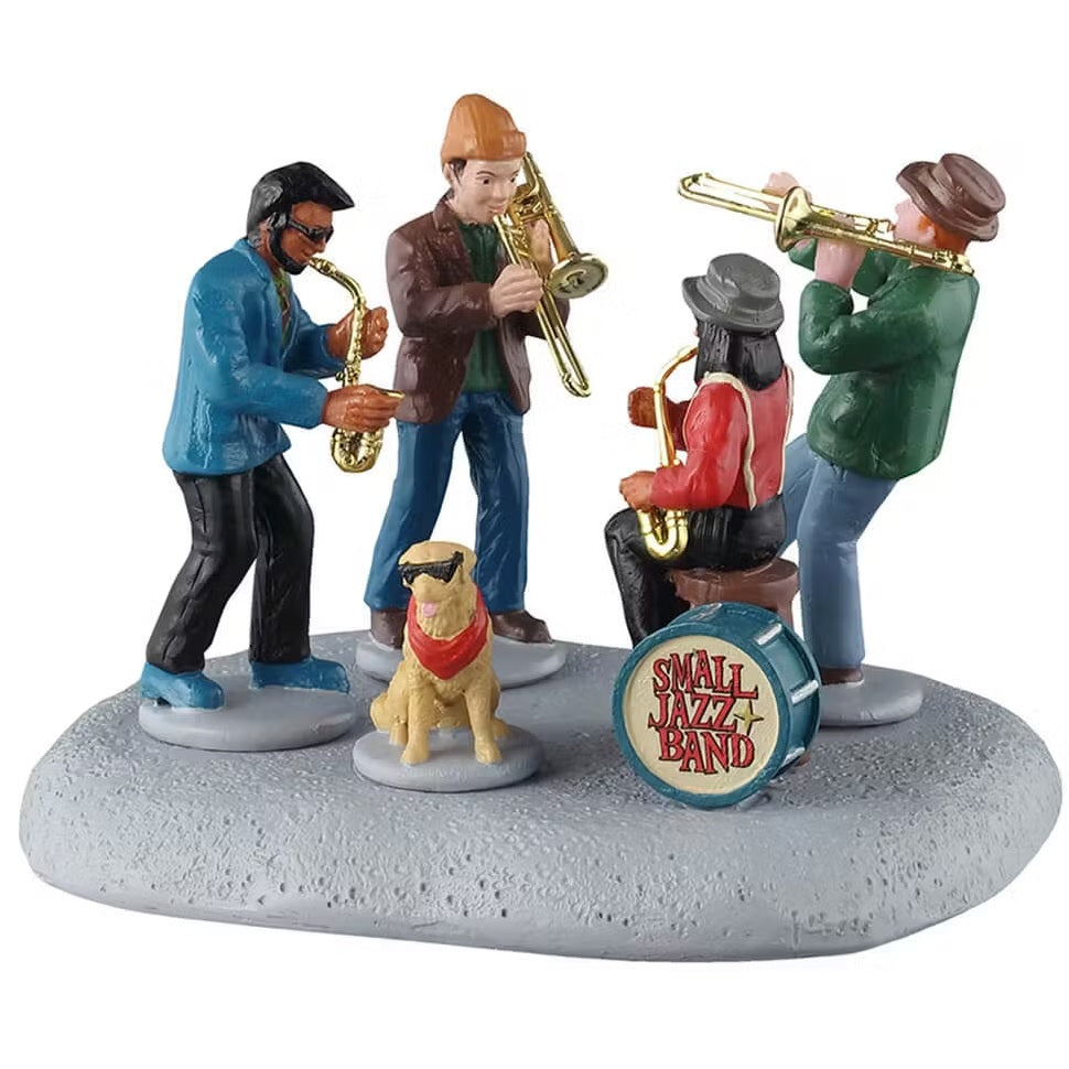 This is a Lemax table accent designed to look like a four people playing instruments and a dog wearing sunglasses. Two people are playing the saxophone and two people are playing the trombone.