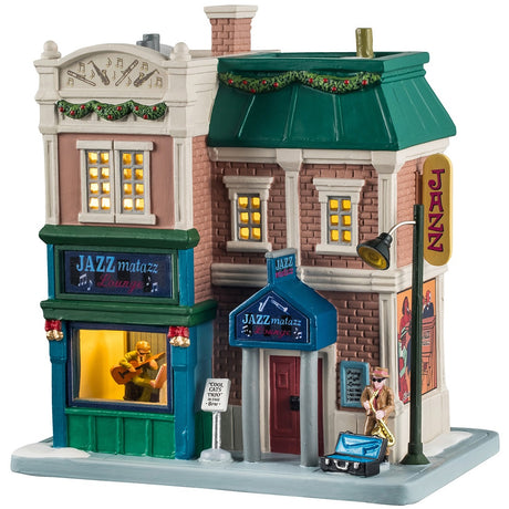 This is a Lemax lighted building designed to look like a multi-story brick shop. There's decorated garland on the roof. Lights are shining through the windows. On the left side, there's a window you can look through and see someone playing the guitar. There's a man wearing sunglasses and holding a saxophone on the sidewalk next to an open instrument case.