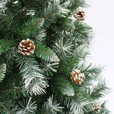 This image is an up close view of branches on a tree or a wreath. The edges are white from the snow spray.