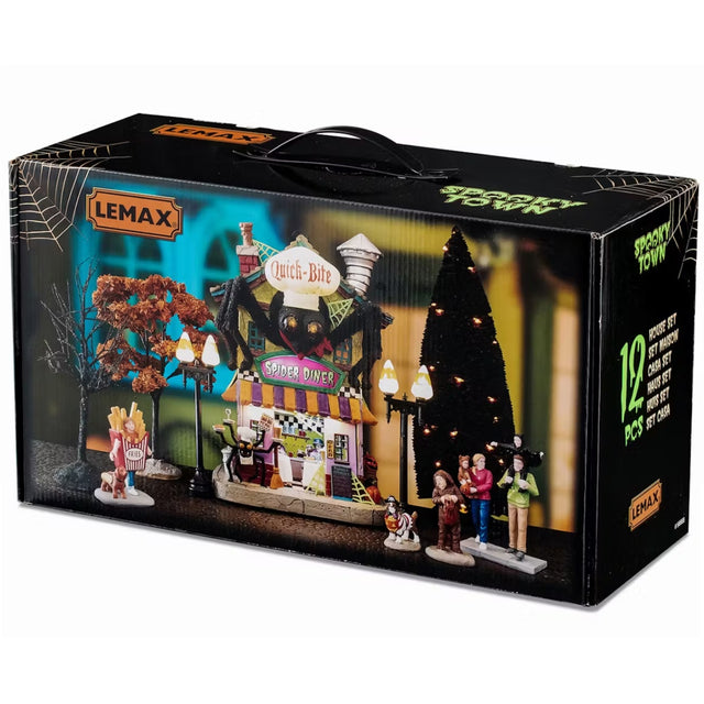 This is the box that this Lemax House Set comes in. It's showing off: four figurines, three spooky trees, two lampposts, one lighted building and two adaptors.