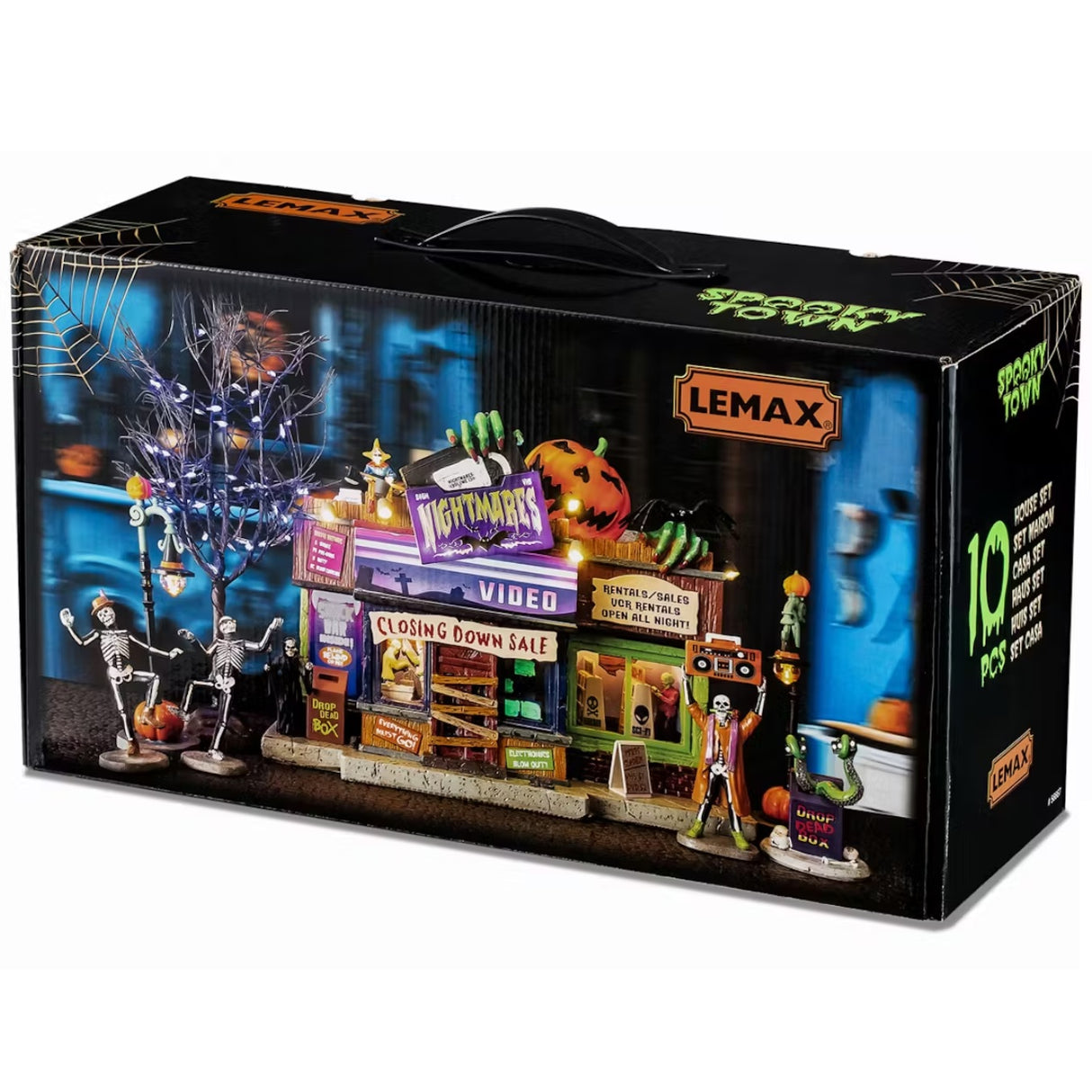 This is the box that this Lemax House Set comes in. It's showing off: four figurines, one spooky tree, two lampposts, one lighted building and two adaptors.