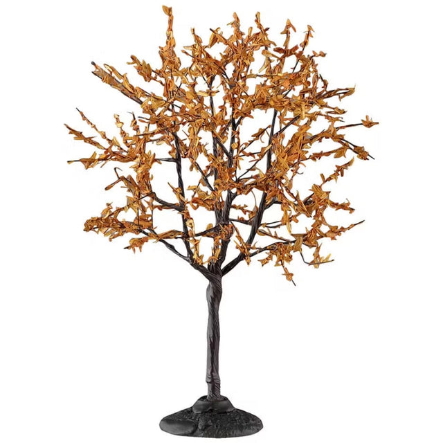 This is a Lemax Spooky Town tree that has a thin, twisty trunk and branches covered with orange leaves.