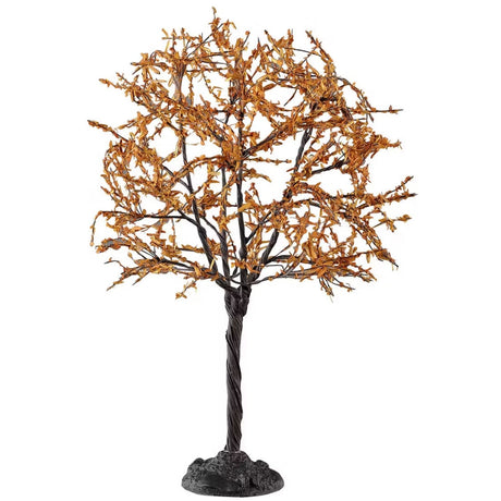 This is a Lemax Spooky Town tree that has a thin, twisty trunk and branches covered with orange leaves.