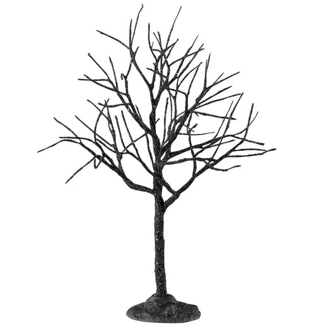 This is a small Lemax Spooky Town tree accessory. It has a lot of bare branches. The color is a dark brown with little white specks on it.