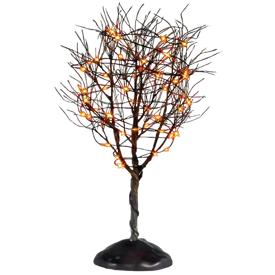 This is a Lemax Spooky Town tree that has a twisted trunk, bunches of bare branches and purple lights. This is showing it on a white background.