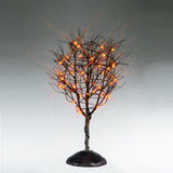 This is a Lemax Spooky Town tree that has a twisted trunk, bunches of bare branches and purple lights. This is showing it on a gray background.