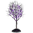 This is a Lemax Spooky Town tree that has a twisted trunk, bunches of bare branches and purple lights. This is showing it on a white background.