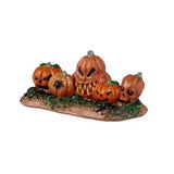 This is a set of five differently carved jack-o-lanterns. There are black spiders all over and the pumpkin faces are really creepy.