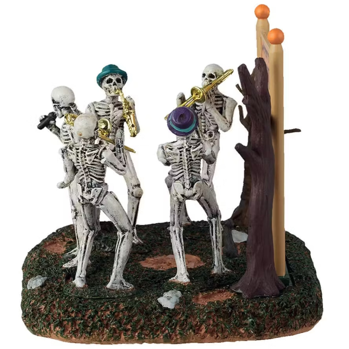 This is a different angle of the Lemax Spooky Town Jazz Festival. There are two skeletons playing trombones and two skeletons playing saxophones and one singing into a microphone.