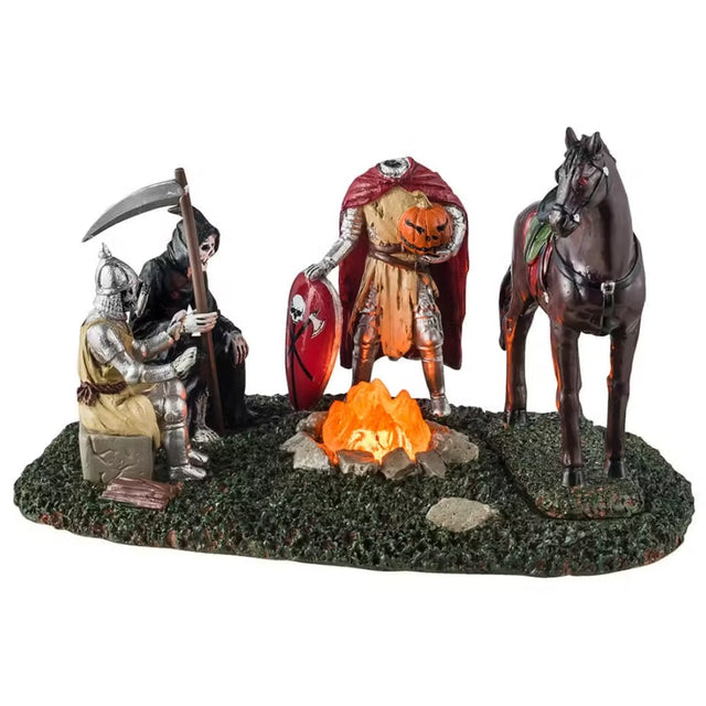 This is a Lemax Spooky Town table piece that's designed to look like a knight, a Grim Reaper, the Headless Horseman and a horse standing around a campfire.