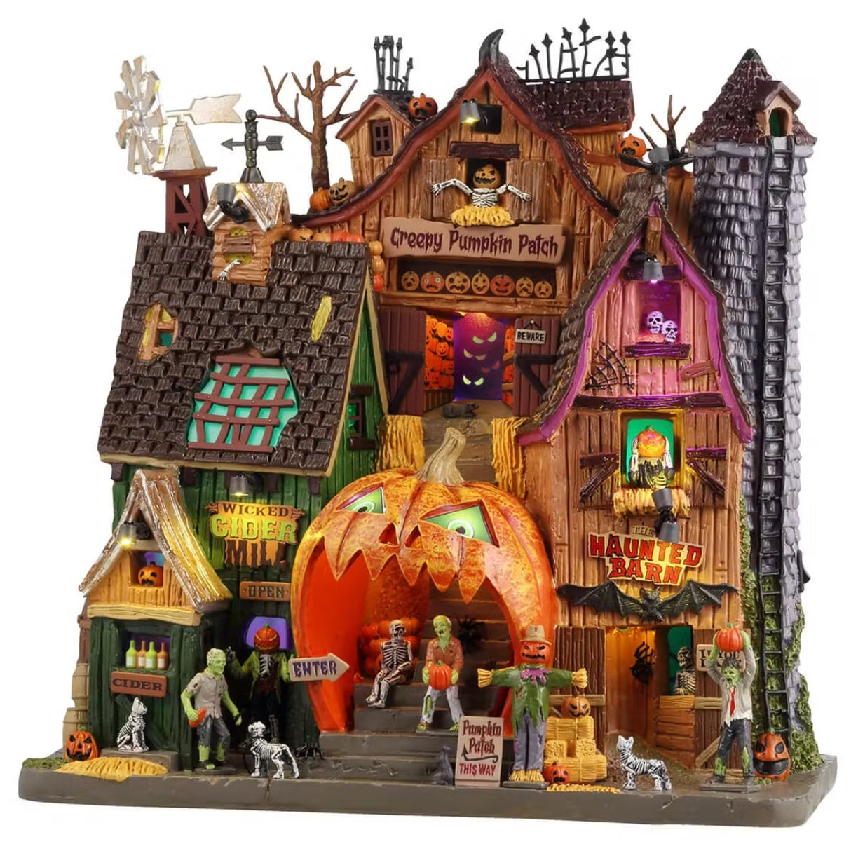 This is a Lemax Spooky Town building facade that's designed to look like a dilapidated barn that has three different levels. One level is the Wicked Cider Mill. One level is the Creepy Pumpkin Patch. The other level is the Haunted Barn. Some accents include: weathervanes, jack-o-lanterns, skeleton cats and dogs, skulls, bats, scarecrows and bales of hay. There are several monsters and skeletons throughout.