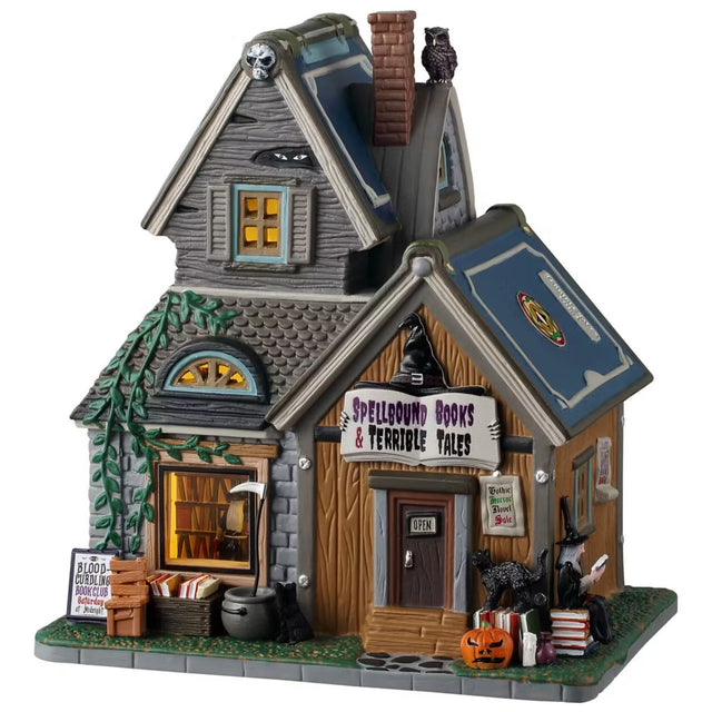 This is a Lemax Spooky Town building designed to look like a house with giant books for the roofs. Near the roof, there's a hole in the house with two eyes peeking out. There's green ivy growing up the side. Inside the window, you can see a witch looking through the bookshelves. There's a sign on the side of the house that reads "BLOOD CURDLING BOOK CLUB SATURDAY AT MIDNIGHT." Off to the side of the front door, there's a black cat standing on some books and a witch sitting on a stack of books.