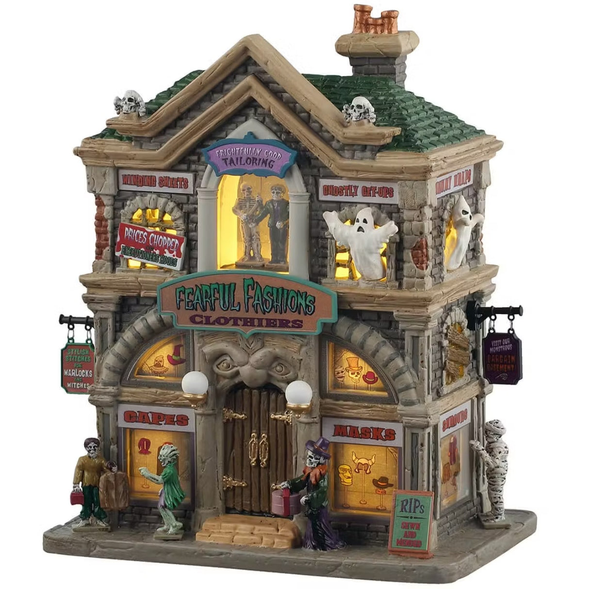 This is a Lemax Spooky Town building designed to look like an old-timey stone building with three floors. There are skulls on the roof and ghosts coming out of some of the windows. Inside the window above the front door, you can see a skeleton helping a monster man try on a suit. There are monsters running around on the sidewalk and a mummy looking into one of the windows. 
