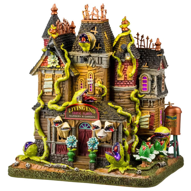 This is a Lemax Spooky Town lighted building designed to look like a dilapidated mansion that's been overtaken by man-eating plants. Some of the windows are boarded up and some of the monsters are coming out of the other windows.