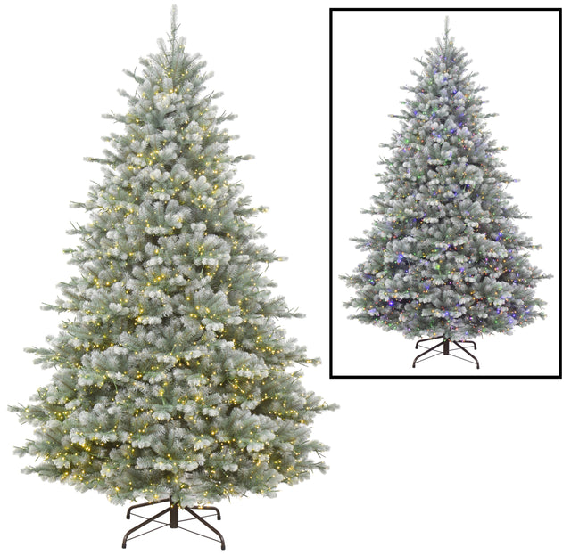 This image shows this specific artificial tree in it's two versions. The version on the left shows the tree with Warm White lights on. The version on the right shows the tree with Multi-Colored lights on.