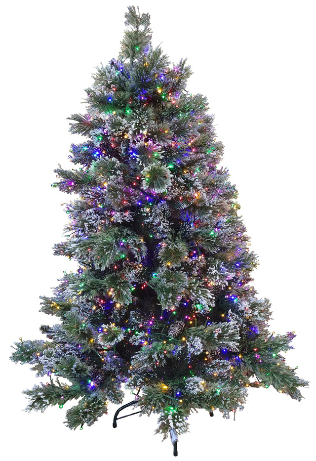 This image shows this specific tree on a white background. The branches are flocked and there are pine cones, as well as multi-colored lights.