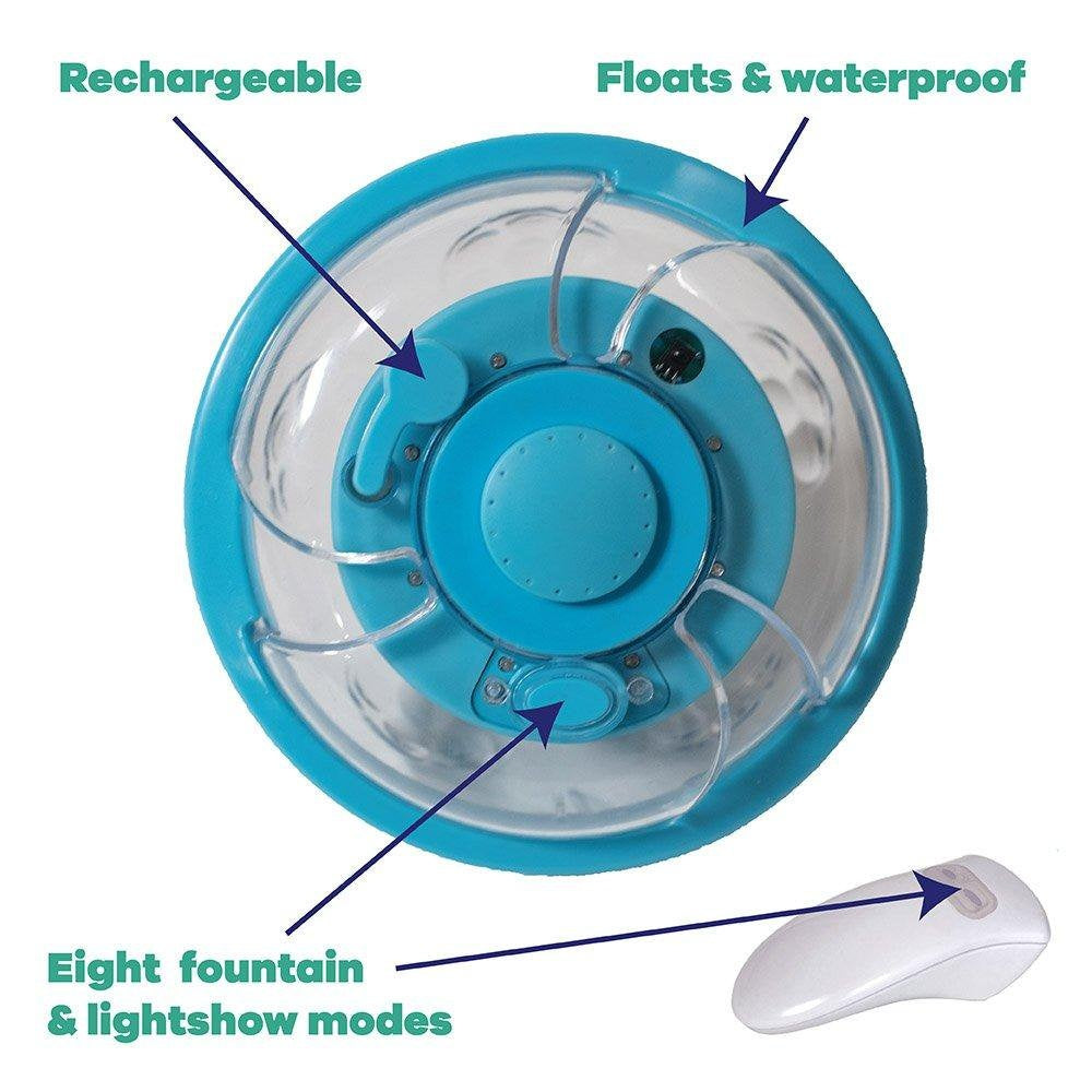 This image shows the light show machine on a white background next to a remote. There are four parts that are being called out in this image. The light show is rechargeable, it floats and is waterproof, and there are eight fountain and lightshow modes.