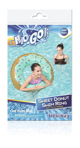 This image shows the packaging that this inner tube comes in. It reads "H20GO! Ages 10+ Sweet Donut Swim Ring. 36 inches in diameter. One swim ring. Bestway."