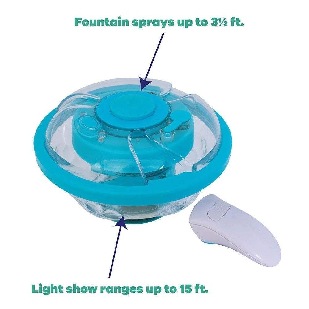 This image shows the light show machine and remote on a white background. It reads "Fountain sprays up to 3 and a half feet" and "Light show ranges up to 15 feet."