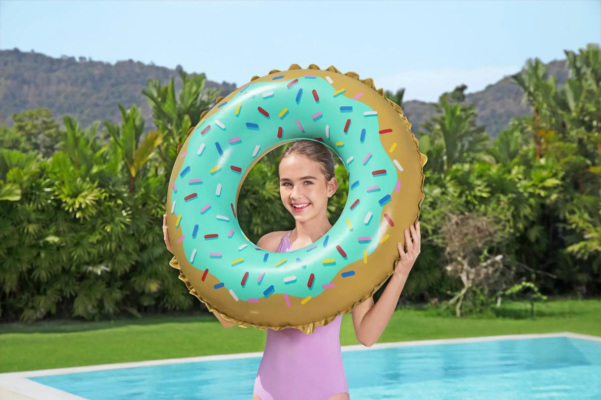This is a lifestyle image showing a young girl holding the inner tube up to her face.