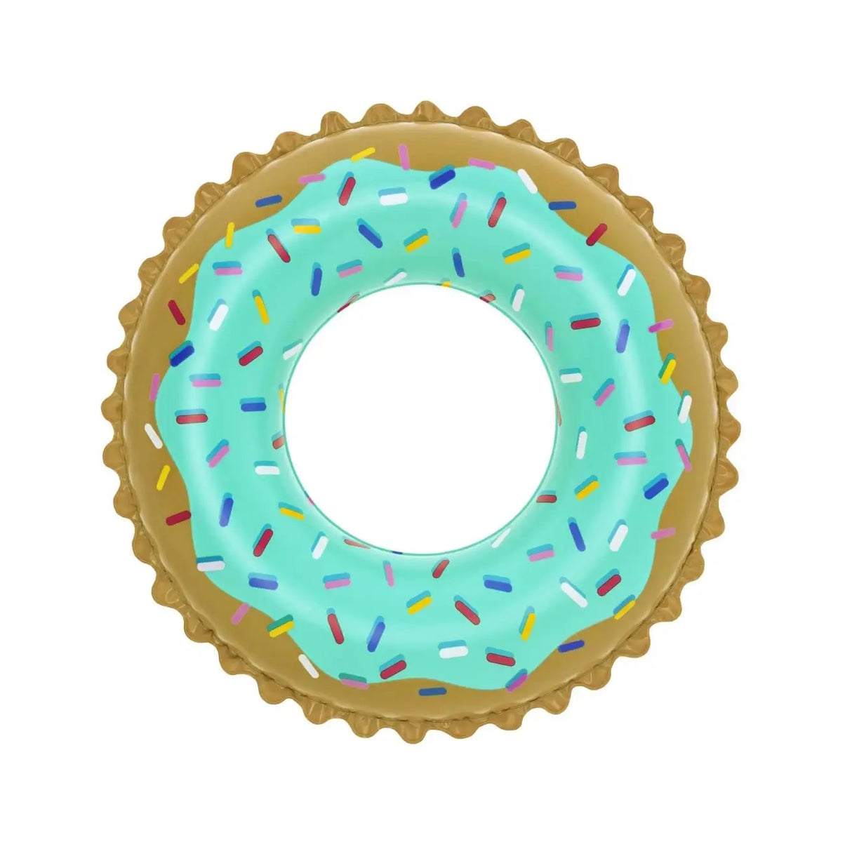 This image shows the inner tube on a white background. The inner tube is designed to look like a tan colored donut with teal colored frosting and multi-colored sprinkles.