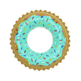 This image shows the inner tube on a white background. The inner tube is designed to look like a tan colored donut with teal colored frosting and multi-colored sprinkles.