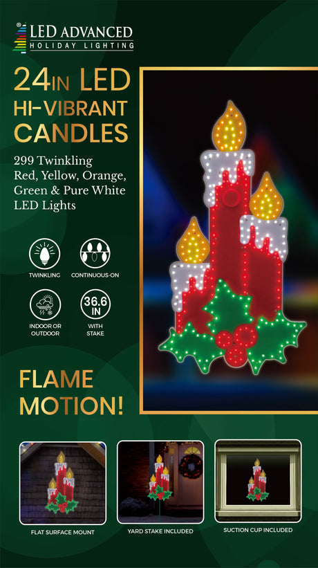 This image shows the packaging that this candle decoration comes in. It reads "LED Advanced Holiday Lighting. 24 inch LED hi-vibrant candles. 299 twinkling red, yellow, orange, green and pure white LED lights. The lights are continuous-on. Can be used indoors or outdoors. Measures 36.6 inches with the stake. Flame motion! Flat surface mount, yard stakes and suction cup included."