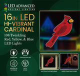 This is the packaging for this item. It reads "LED Advanced Holiday Lighting. 16 inch LED hi-vibrant cardinal. 108 twinkling red, yellow and blue LED lights. The lights are continuous-on. For indoor or outdoor use. It measures 32.7 inches with stake. Suction cup and yard stake included."