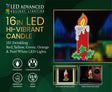This image shows the packaging that this candle decoration comes in. It reads "LED Advanced Holiday Lighting. 16 inch LED jumbo hi-vibrant candle. 135 twinkling red, green, orange and pure white LED lights. The lights are continuous-on. Can be used indoors or outdoors. Measures 33.9 inches with the stake. Suction cup and yard stakes included."