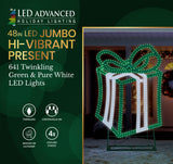 This image shows the packaging that this present decoration comes in. It reads "LED Advanced Holiday Lighting. 48 inch LED jumbo hi-vibrant present. 641 twinkling green & pure white LED lights. The lights are continuous-on. This can be used indoors or outdoors. Includes four ground stakes."
