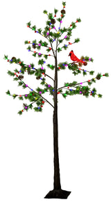 This image shows the tree decoration on a white background. The tree has fake leaves, fake berries and fake pine cones. The lights are twinkling multi-colored LEDs and there's an LED cardinal atop one of the branches.