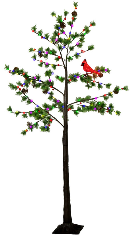 This image shows the tree decoration on a white background. The tree has fake leaves, fake berries and fake pine cones. The lights are twinkling multi-colored LEDs and there's an LED cardinal atop one of the branches.