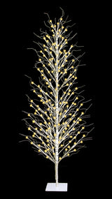 This image shows the 6 ft. fake birch tree on a black background. The frame, branches and base are all white. The lights are warm white.