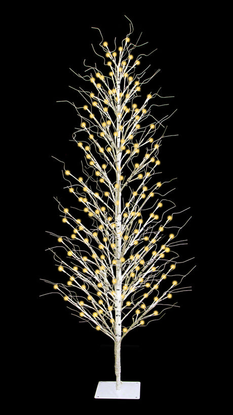 This image shows the 6 ft. fake birch tree on a black background. The frame, branches and base are all white. The lights are warm white.