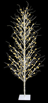 This image shows the 5 ft. fake birch tree on a black background. The frame, branches and base are all white. The lights are warm white.